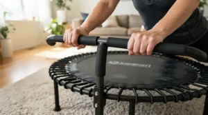 Fall prevention support demonstrated with a stability bar for seniors rebounding at home.