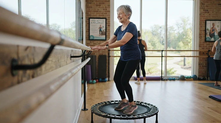 Joint-friendly movement aided by a stability bar for seniors rebounding on a wooden floor.