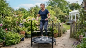 Low-impact exercise routine supported by a stability bar for seniors rebounding in a conservatory.
