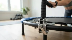 A close-up of a sturdy stability bar for seniors rebounding, highlighting secure joints and safe grip.