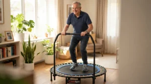 A weight-bearing wellness session utilizing a stability bar for seniors rebounding on a rubber mat.